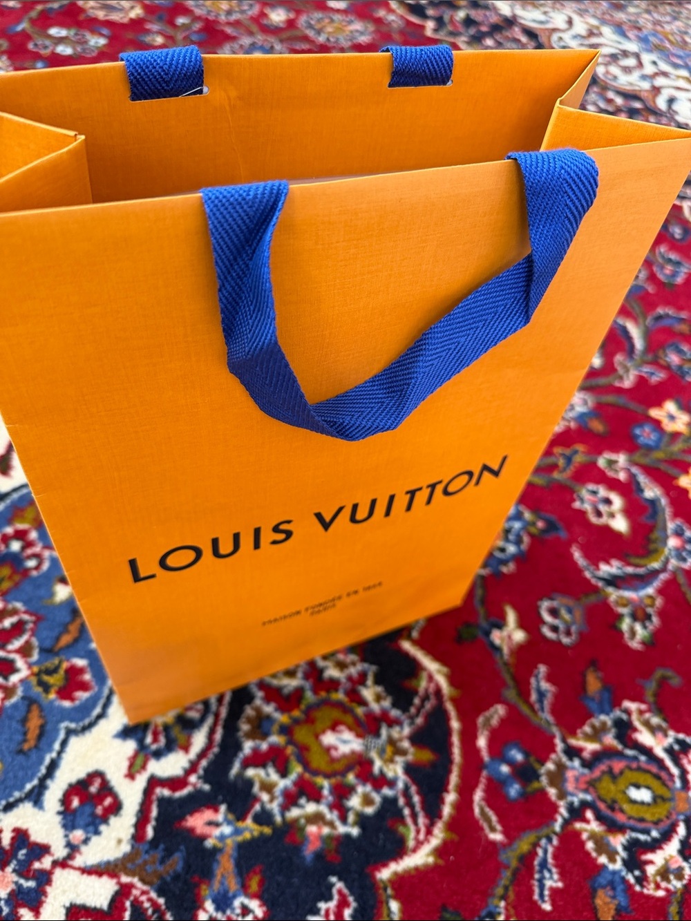 Louis Vuitton Orange Gift Bag with Blue Ribbon Handles